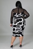 Autumn Plus Size Print Black Long Sleeve Midi Bodycon Dress