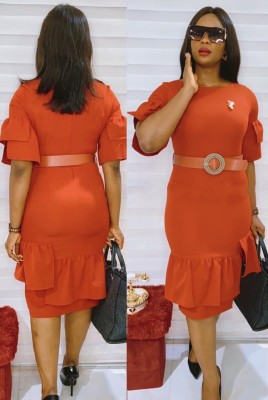 Summer Professional Orange Office Dress with Belt