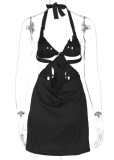 Summer Black Sexy Cut Out Slit Halter Mini Dress