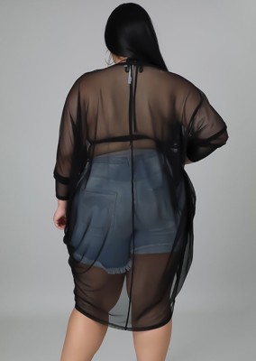 Summer Plus Size Black See Through Long Sleeve Cover-Up Blouse