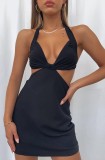 Summer Black Sexy Cut Out Slit Halter Mini Dress