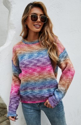 Autumn Rainbow Print O-Neck Regular Pullover Sweater