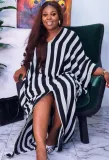 Autumn Plus Size Front Slit Stripes Long Dress