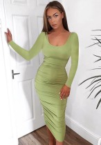 Autumn Casual Green Long Sleeve Ruched Midi Dress