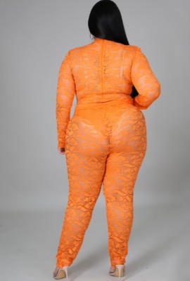 Autumn Plus Size Orange Lace Sexy Bodysuit and Pants Set