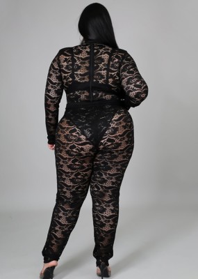 Autumn Plus Size Black Lace Sexy Bodysuit and Pants Set