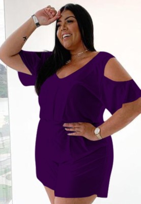 Plus Size Summer Purple Casual Rompers with Cut Out Shoulders