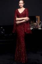 Autumn Occassional Red Sequin V-Neck Mermaid Evening Dress