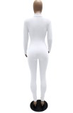 Autumn White Zipper Long Sleeve Basic Bodycon Jumpsuit