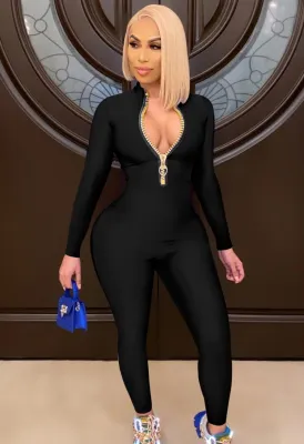 Autumn Black Zipper Long Sleeve Basic Bodycon Jumpsuit