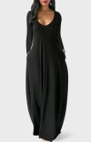 Autumn Casual Black Long Sleeve O-Neck Long Maxi Dress