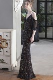 Summer Formal Black Sequins Patch Strap Mermaid Evening Dress