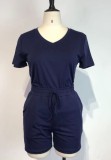 Summer Casual Blue V-Neck Shirt and Shorts Tracksuit