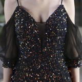 Summer Formal Black Sequins Patch Strap Mermaid Evening Dress