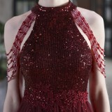 Summer Occassional Red Sequin Mesh Patch Halter Evening Dress