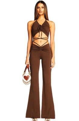 Summer Brown Basic Ruched Halter Crop Top and Bell Trousers Set
