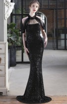 Summer Formal Black Sequins Patch Mermaid Evening Dress