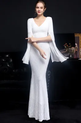 Autumn Occassional White Sequin V-Neck Mermaid Evening Dress