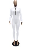 Autumn White Zipper Long Sleeve Basic Bodycon Jumpsuit