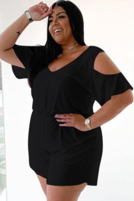 Plus Size Summer Black Casual Rompers with Cut Out Shoulders