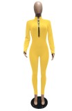 Autumn Yellow Zipper Long Sleeve Basic Bodycon Jumpsuit