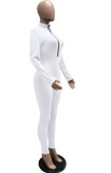 Autumn White Zipper Long Sleeve Basic Bodycon Jumpsuit