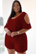 Plus Size Summer Red Casual Rompers with Cut Out Shoulders