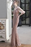 Summer Formal Pink Sequins Patch Strap Mermaid Evening Dress