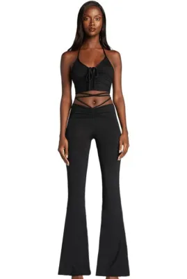 Summer Black Basic Ruched Halter Crop Top and Bell Trousers Set