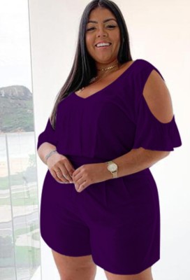 Plus Size Summer Purple Casual Rompers with Cut Out Shoulders