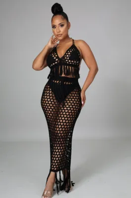 Summer Black Fishnet Tassels Crop Top and Long Skirt 2 Piece Cover-Ups