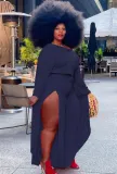 Autumn Plus Size Formal Blue Crop Top and Slit Pants Set