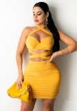 Summer Sexy Cut Out Yellow Halter Ruched Mini Dress