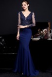 Autumn Occassional Formal Royal Lace Upper V-Neck Mermaid Evening Dress