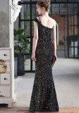 Summer Formal Black Sequin One Shoulder Slit Evening Dress