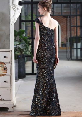 Summer Formal Black Sequin One Shoulder Slit Evening Dress