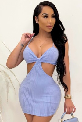 Summer Sexy Cut Out Ribbed Strap Bodycon Dress Blue