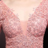 Autumn Occassional Formal Pink Lace Upper V-Neck Mermaid Evening Dress