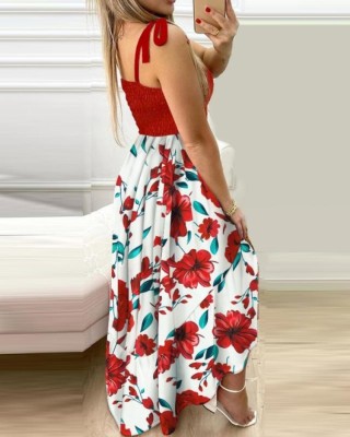 Summer Floral Pint Knotted Strap Maxi Sundress