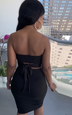 Summer Party Black Sexy Strapless Crop Top and Midi Skirt Set
