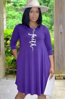 Autumn Casual Print Purple O-Neck Pocket Shirt Dress