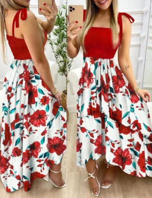 Summer Floral Pint Knotted Strap Maxi Sundress