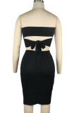 Summer Party Black Sexy Strapless Crop Top and Midi Skirt Set