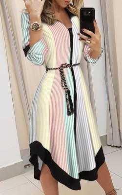 Autumn Multicolor Stripes Long Blouse Dress with Belt