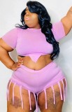 Summer Plus Size Purple Sexy Crop Top and Fringe Shorts Set