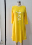 Autumn Casual Print Yellow O-Neck Pocket Shirt Dress
