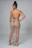 Summer Khaki Fishnet Tassels Crop Top and Long Skirt 2 Piece Cover-Ups