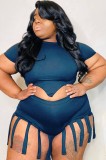 Summer Plus Size Blue Sexy Crop Top and Fringe Shorts Set