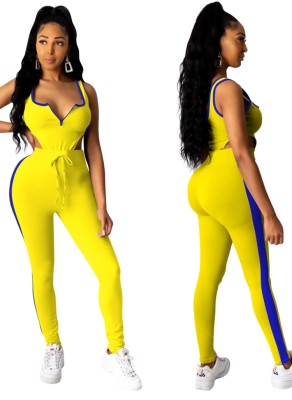 Summer Yellow Sexy High Cut Sleeveless Bodysuit and Matching Pants Set