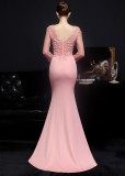 Autumn Occassional Formal Pink Lace Upper V-Neck Mermaid Evening Dress